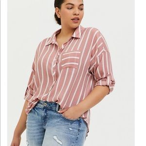 Dusty Pink & White Stripe Button Front Tunic Shirt
